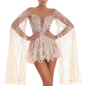 Albina Dyla Wide Sleeve Crystal Embellished Short Dress